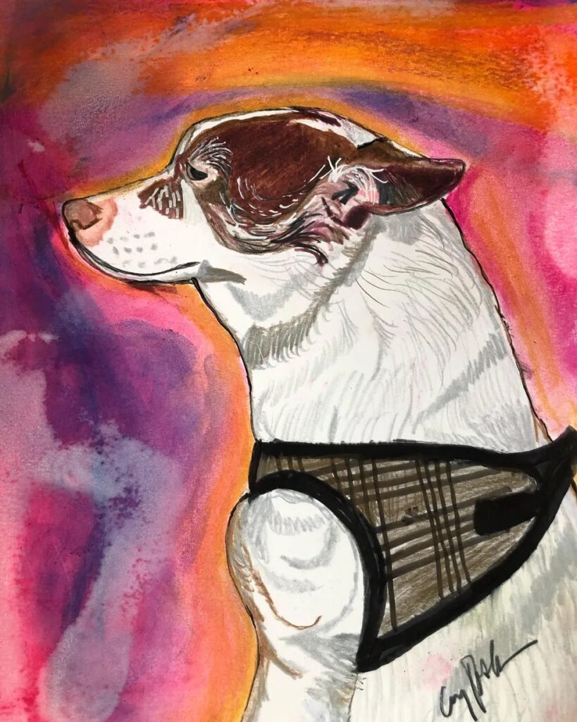 A beautiful portrait, done in vibrant colors, of Bartlett's dog Millie who passed away in July 2021